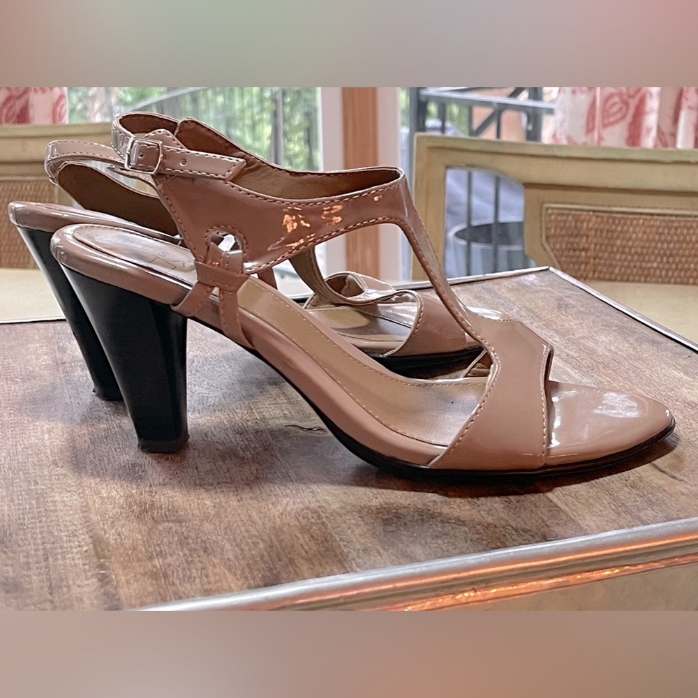 Pesaro Blush Patent‎ Leather T‑Strap Slingback Heels